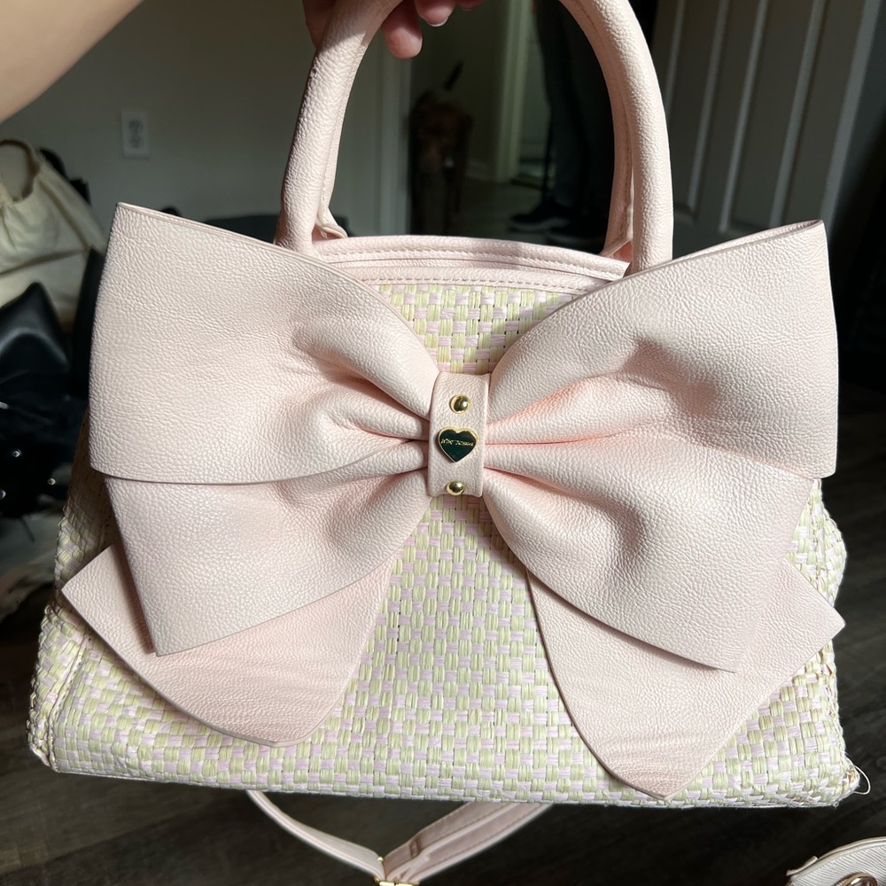 Betsey Johnson Pink and Cream Bow Satchel